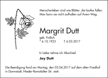 Traueranzeige von Margrit Dutt von Trauerportal Echo Online