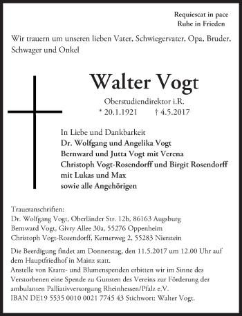 Traueranzeige von Walter Vogt von Trauerportal Rhein Main Presse