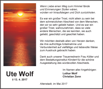Traueranzeige von Ute Wolf von  Kreisanzeiger