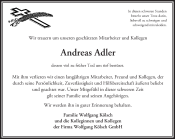 Traueranzeige von Andreas Adler von Trauerportal Rhein Main Presse