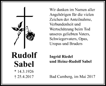 Traueranzeige von Rudolf Sabel von  Camberger Anzeiger