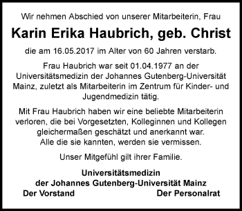 Traueranzeige von Karin Erika Haubrich von Trauerportal Rhein Main Presse