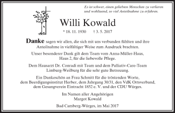 Traueranzeige von Willi Kowald von  Camberger Anzeiger