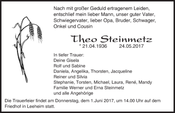 Traueranzeige von Theo Steinmetz von Trauerportal Echo Online