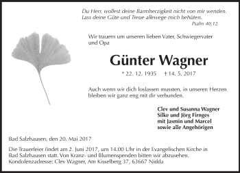 Traueranzeige von Günter Wagner von  Kreisanzeiger