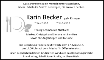 Traueranzeige von Karin Becker von Trauerportal Rhein Main Presse