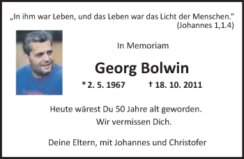 Traueranzeige von Georg Bolwin von Trauerportal Rhein Main Presse
