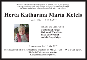 Traueranzeige von Herta Katharina Maria Ketels von VRM Trauer