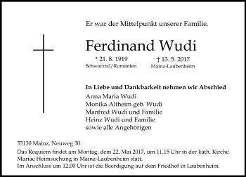 Traueranzeige von Ferdinand Wudi von Trauerportal Rhein Main Presse