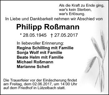 Traueranzeige von Philipp Roßmann von Trauerportal Echo Online