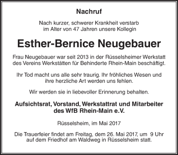 Traueranzeige von Esther-Bernice Neugebauer von Trauerportal Rhein Main Presse