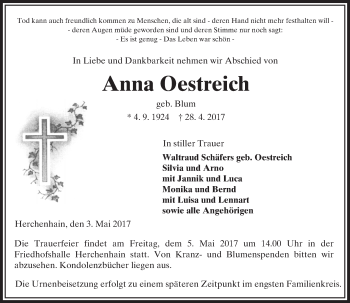 Traueranzeige von Anna Oestreich von VRM Trauer