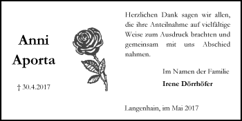 Traueranzeige von Anni Aporta von Trauerportal Rhein Main Presse