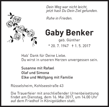 Traueranzeige von Gaby Benker von Trauerportal Rhein Main Presse