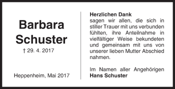 Traueranzeige von Barbara Schuster von Trauerportal Echo Online