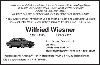 Traueranzeige von Wilfried Wiesner von Trauerportal Echo Online