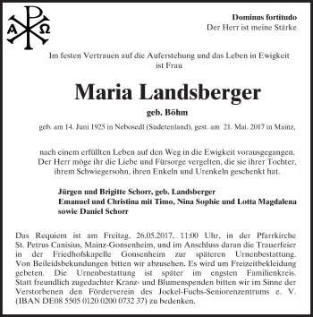 Traueranzeige von Maria Landsberger von Trauerportal Rhein Main Presse
