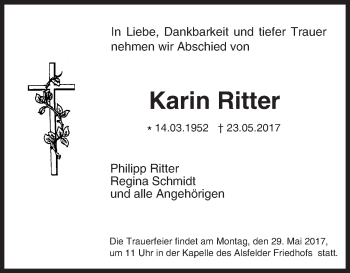 Traueranzeige von Karin Ritter von VRM Trauer