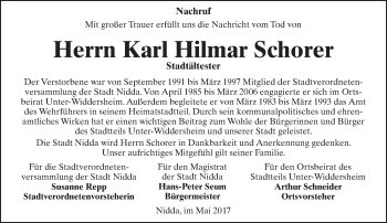 Traueranzeige von Karl Hilmar Schorer von  Kreisanzeiger