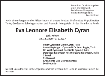 Traueranzeige von Eva Leonore Elisabeth Cyran von Trauerportal Rhein Main Presse