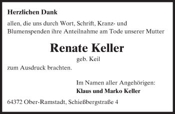 Traueranzeige von Renate Keller von Trauerportal Echo Online