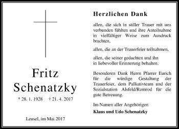 Traueranzeige von Fritz Schenatzky von VRM Trauer