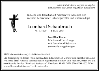 Traueranzeige von Leonhard Schaubruch von Trauerportal Rhein Main Presse