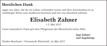 Traueranzeige von Elisabeth Zahner von Trauerportal Echo Online