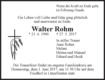Traueranzeige von Walter Rohm von  Gießener Anzeiger