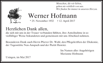 Traueranzeige von Werner Hofmann von  Usinger Anzeiger