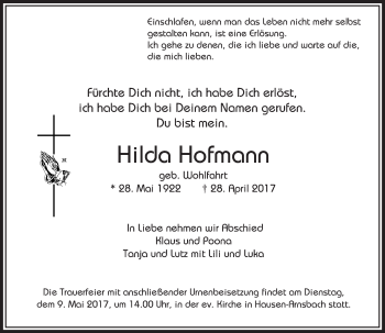Traueranzeige von Hilda Hofmann von  Usinger Anzeiger