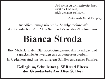 Traueranzeige von Bianca Stroda von Trauerportal Rhein Main Presse