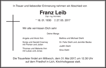 Traueranzeige von Franz Leib von  Gießener Anzeiger