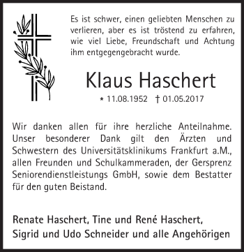 Traueranzeige von Klaus Haschert von Trauerportal Rhein Main Presse