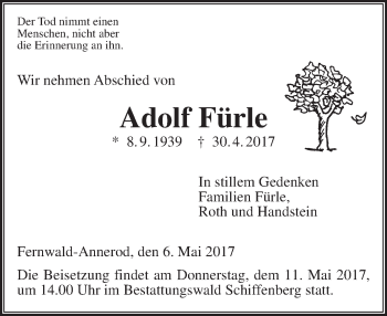 Traueranzeige von Adolf Fürle von  Gießener Anzeiger
