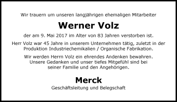 Traueranzeige von Werner Volz von Trauerportal Echo Online