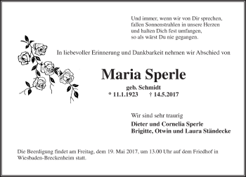 Traueranzeige von Maria Sperle von Trauerportal Rhein Main Presse