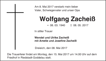 Traueranzeige von Wolfgang Zacheiß von Trauerportal Echo Online
