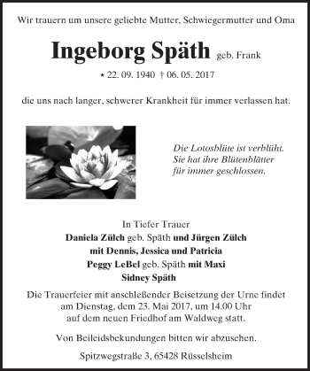 Traueranzeige von Ingeborg Späth von Trauerportal Rhein Main Presse