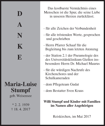 Traueranzeige von Maria-Luise Stumpf von  Gießener Anzeiger
