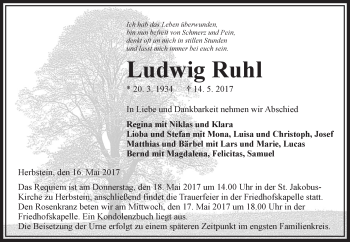 Traueranzeige von Ludwig Ruhl von VRM Trauer
