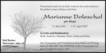 Traueranzeige von Marianne Doleschal von  Usinger Anzeiger