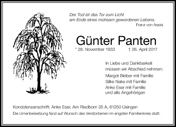 Traueranzeige von Günter Panten von  Usinger Anzeiger