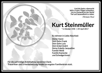 Traueranzeige von Kurt Steinmüller von  Gießener Anzeiger