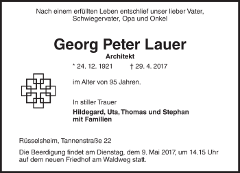 Traueranzeige von Georg Peter Lauer von Trauerportal Rhein Main Presse
