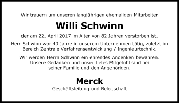 Traueranzeige von Willi Schwinn von Trauerportal Echo Online