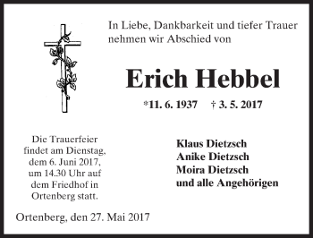 Traueranzeige von Erich Hebbel von  Kreisanzeiger