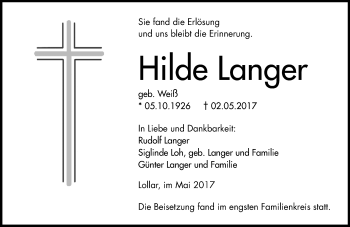 Traueranzeige von Hilde Langer von  Gießener Anzeiger
