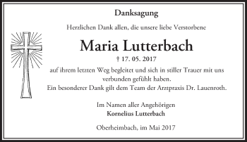 Traueranzeige von Maria Lutterbach von Trauerportal Rhein Main Presse