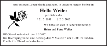 Traueranzeige von Hella Weiler von Trauerportal Echo Online